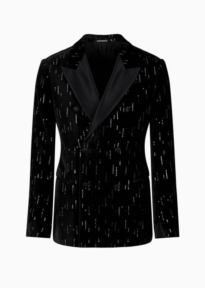 Midnight Blue Emporio Armani Soho Capsule Collection Double-breasted Jacket In Velvet With Sequins Creating A Rain Effect | EA-SN57780