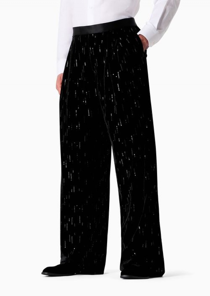 Midnight Blue Emporio Armani Soho Capsule Collection Wide-leg Pants In Velvet With Sequins Creating A Rain Effect | EA-SN58296