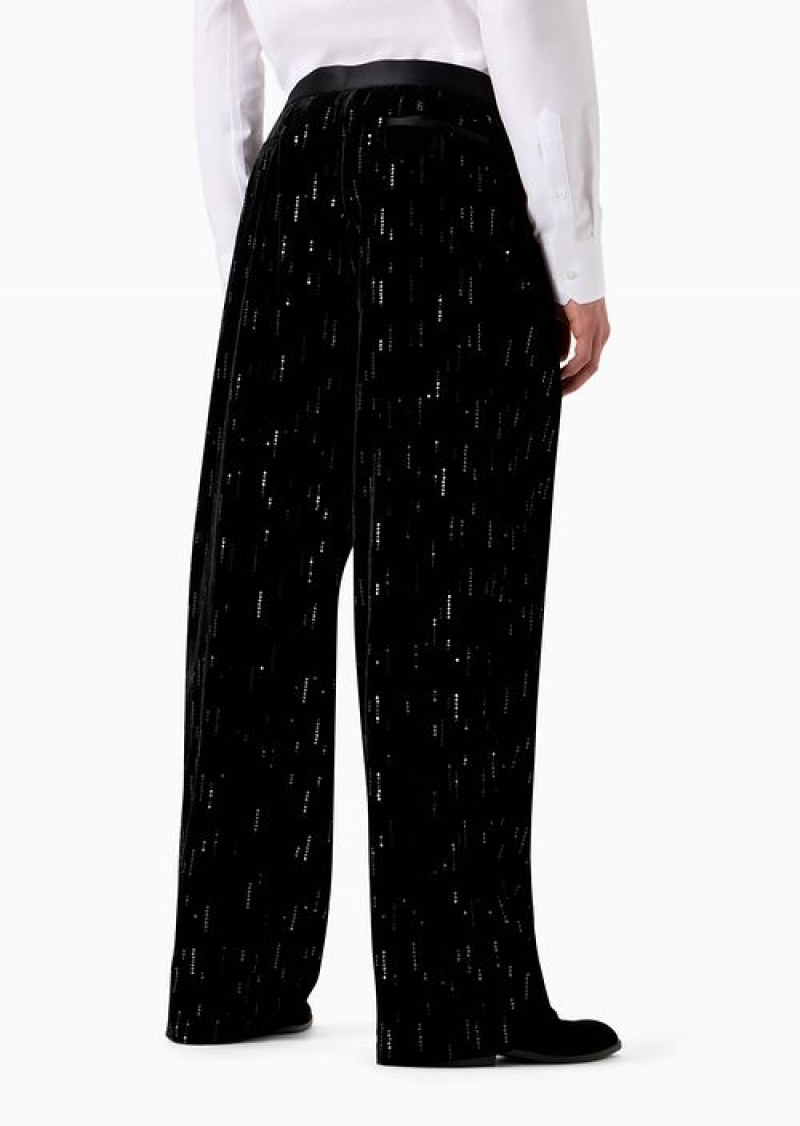 Midnight Blue Emporio Armani Soho Capsule Collection Wide-leg Pants In Velvet With Sequins Creating A Rain Effect | EA-SN58296