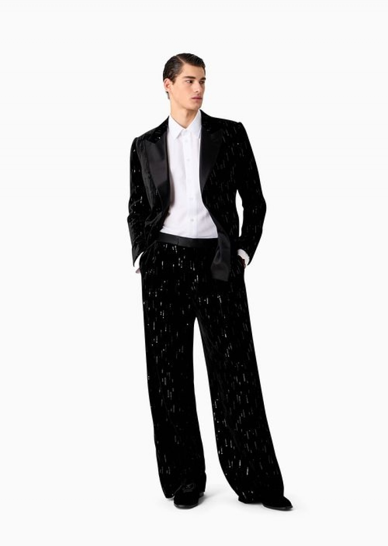 Midnight Blue Emporio Armani Soho Capsule Collection Wide-leg Pants In Velvet With Sequins Creating A Rain Effect | EA-SN58296