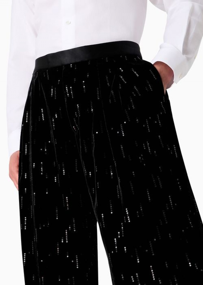 Midnight Blue Emporio Armani Soho Capsule Collection Wide-leg Pants In Velvet With Sequins Creating A Rain Effect | EA-SN58296