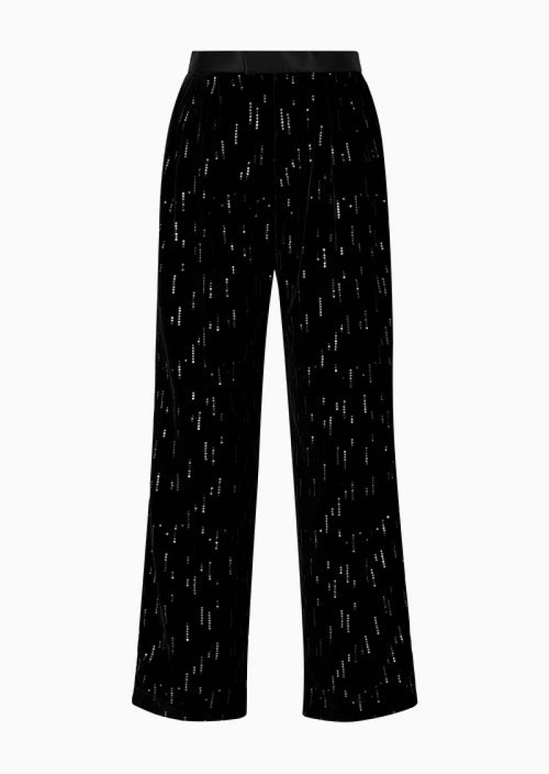 Midnight Blue Emporio Armani Soho Capsule Collection Wide-leg Pants In Velvet With Sequins Creating A Rain Effect | EA-SN58296