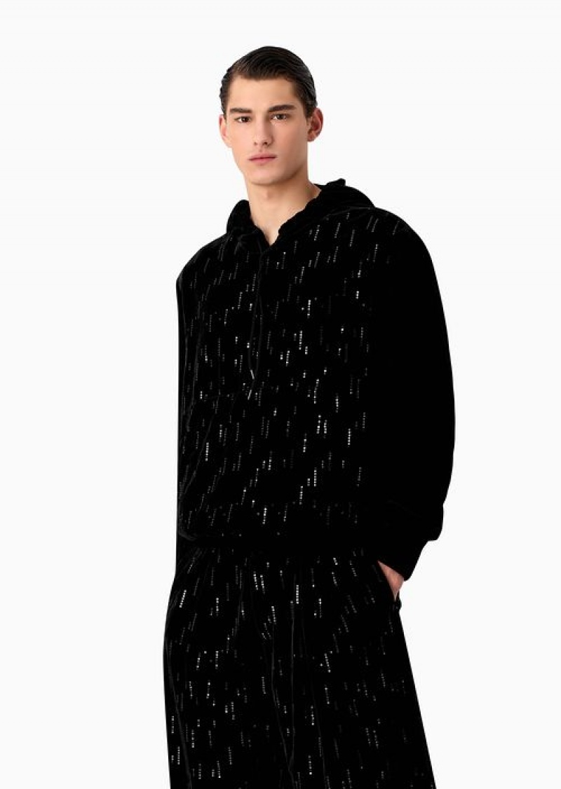 Midnight Blue Emporio Armani Soho Capsule Collection Hoodie In Velvet With Sequins Creating A Rain Effect | EA-SN58496