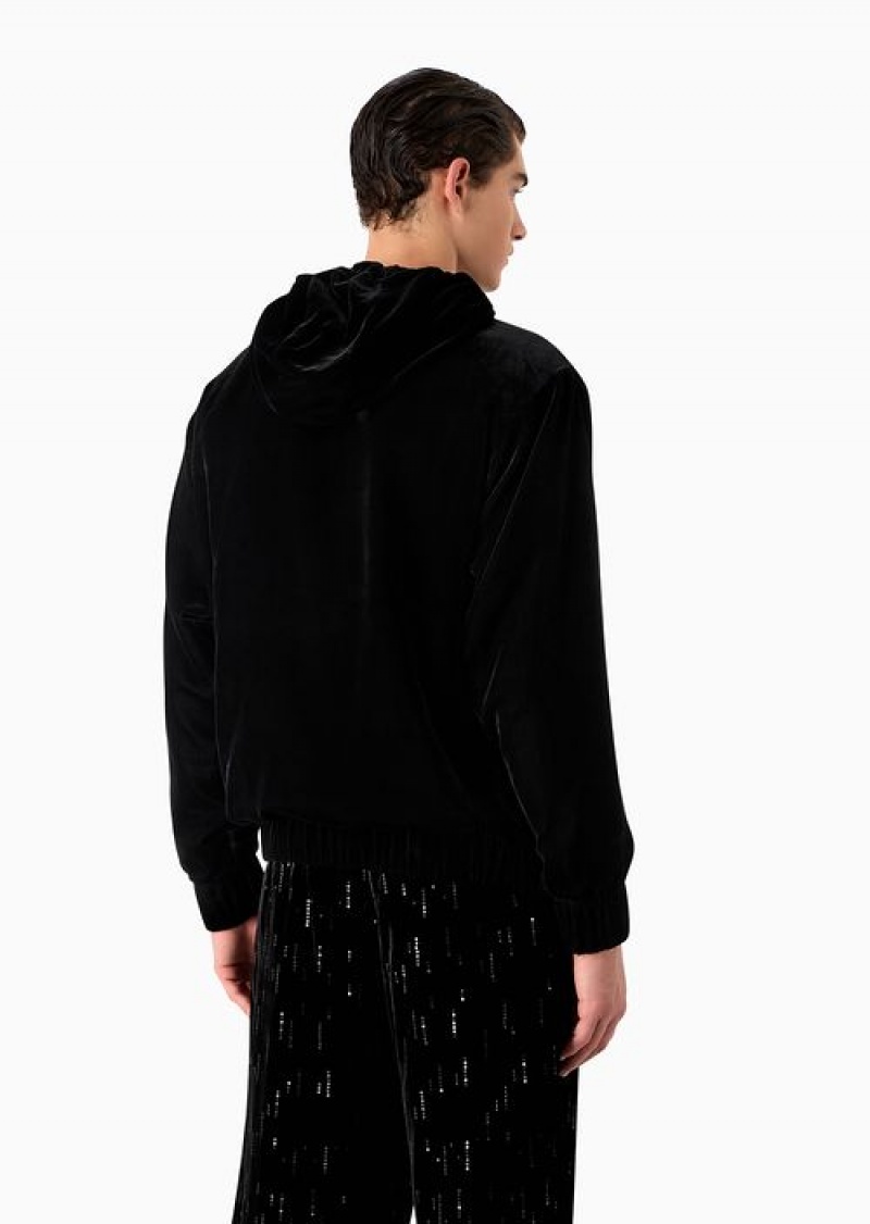 Midnight Blue Emporio Armani Soho Capsule Collection Hoodie In Velvet With Sequins Creating A Rain Effect | EA-SN58496