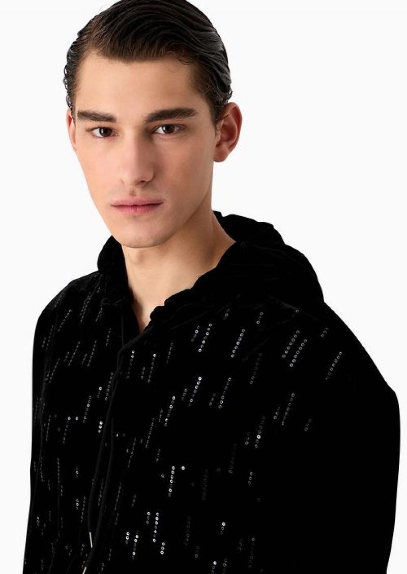 Midnight Blue Emporio Armani Soho Capsule Collection Hoodie In Velvet With Sequins Creating A Rain Effect | EA-SN58496