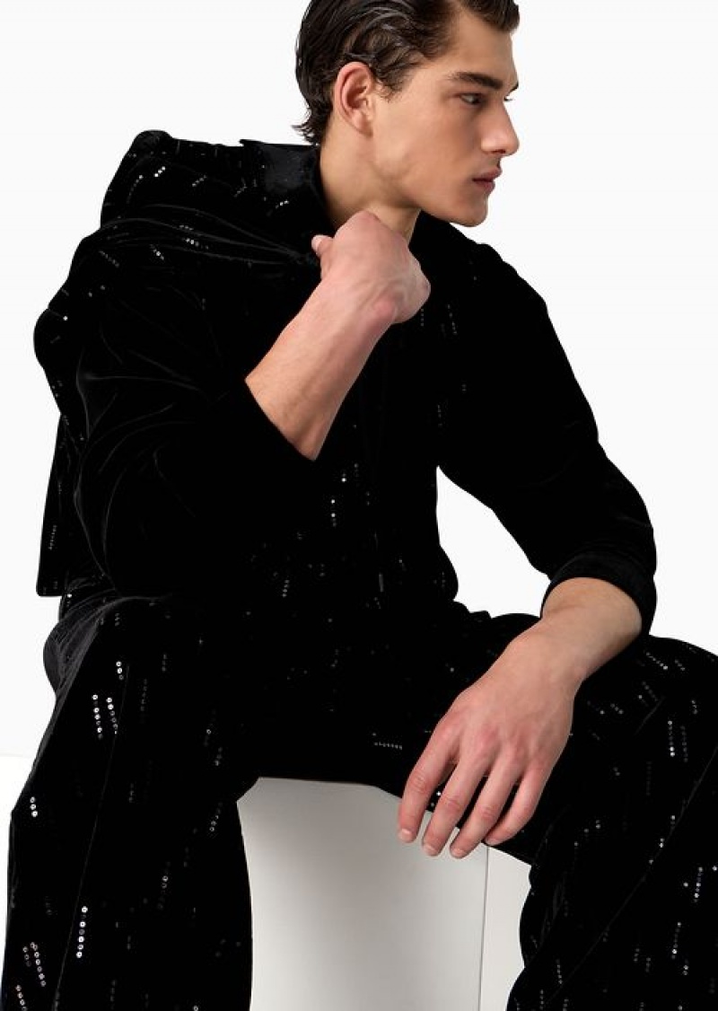 Midnight Blue Emporio Armani Soho Capsule Collection Hoodie In Velvet With Sequins Creating A Rain Effect | EA-SN58496