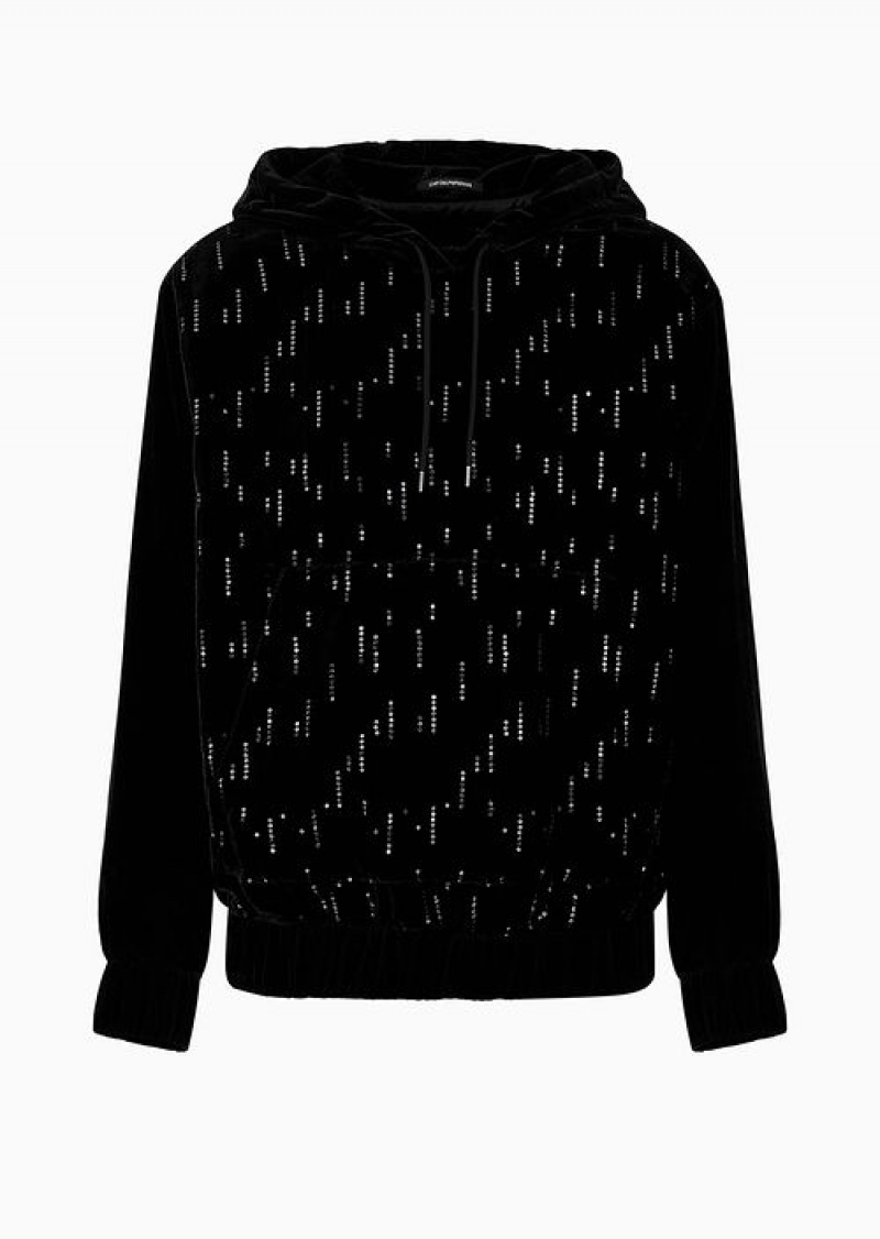 Midnight Blue Emporio Armani Soho Capsule Collection Hoodie In Velvet With Sequins Creating A Rain Effect | EA-SN58496