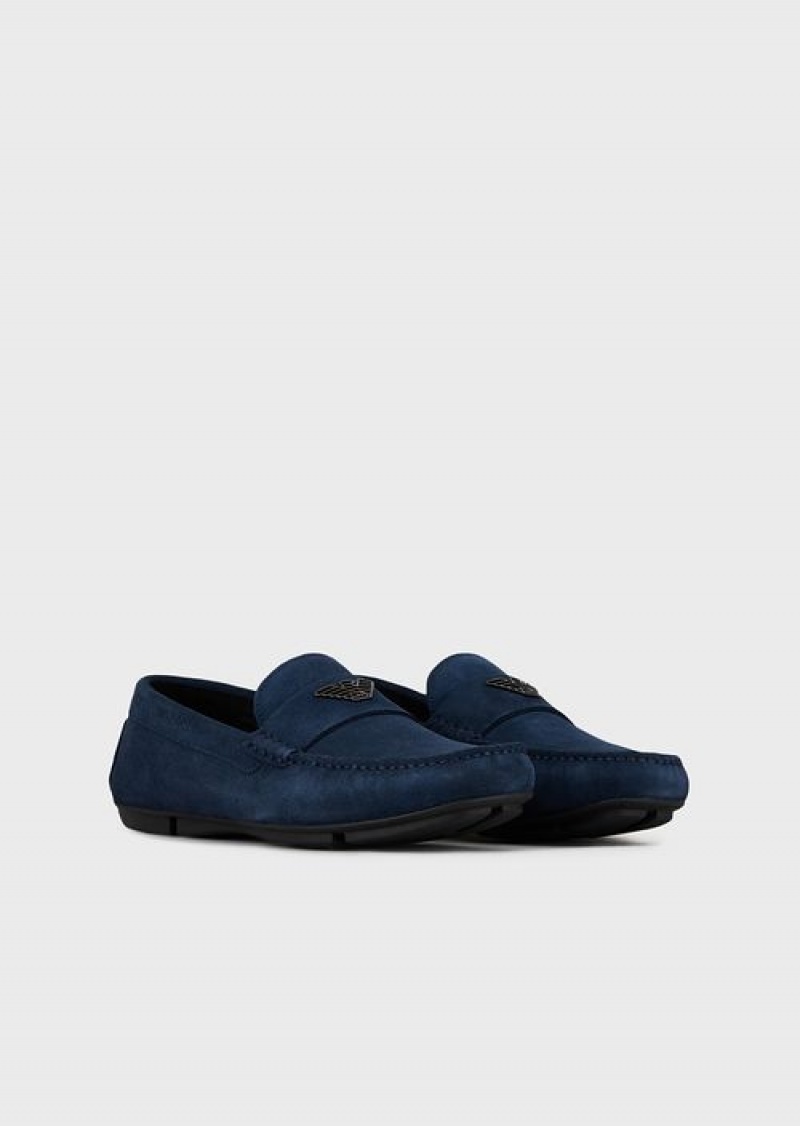 Midnight Blue Emporio Armani Suede Driving Loafers With Logo | EA-SN58871