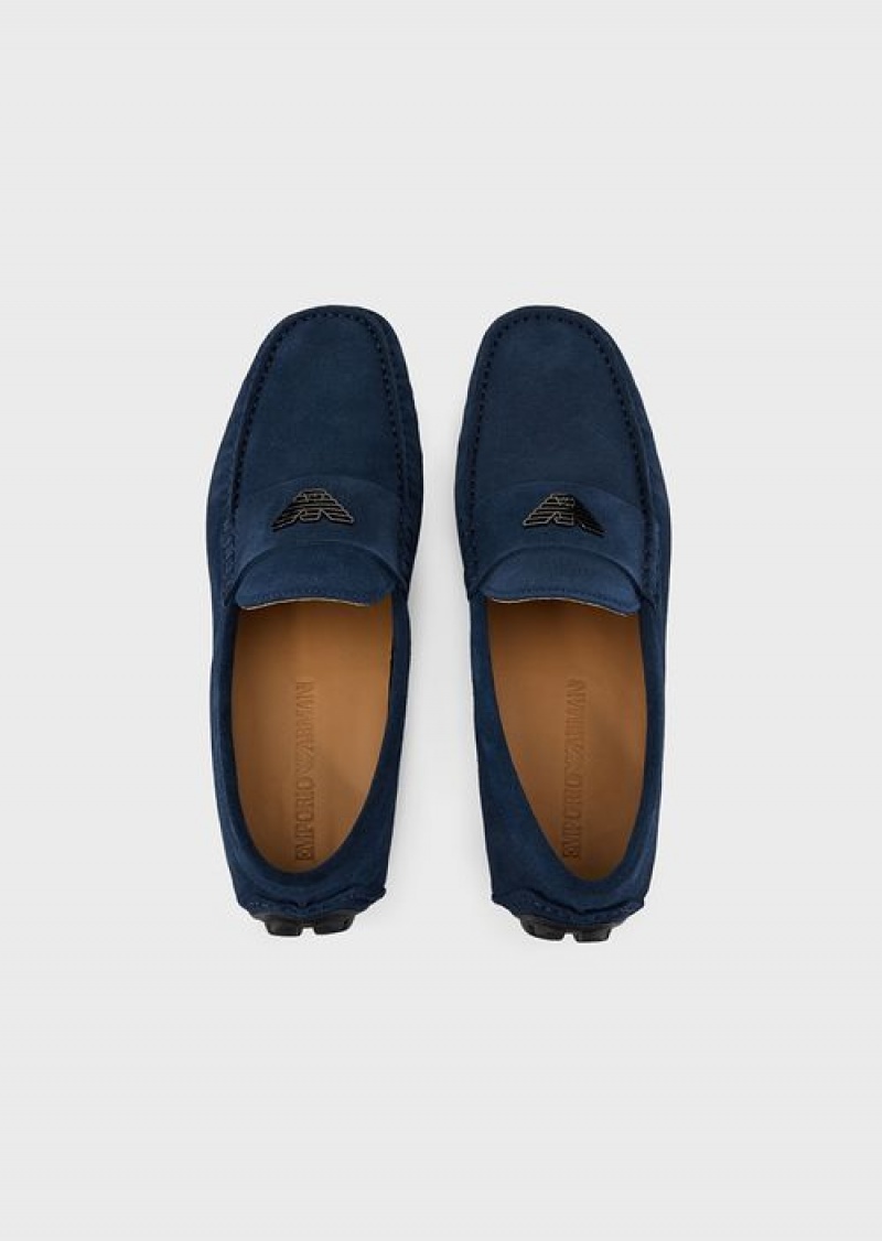 Midnight Blue Emporio Armani Suede Driving Loafers With Logo | EA-SN58871