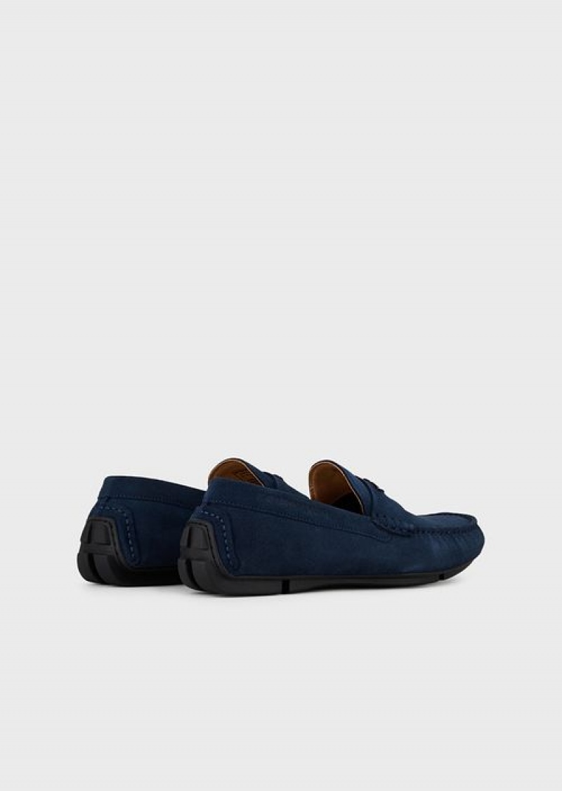 Midnight Blue Emporio Armani Suede Driving Loafers With Logo | EA-SN58871