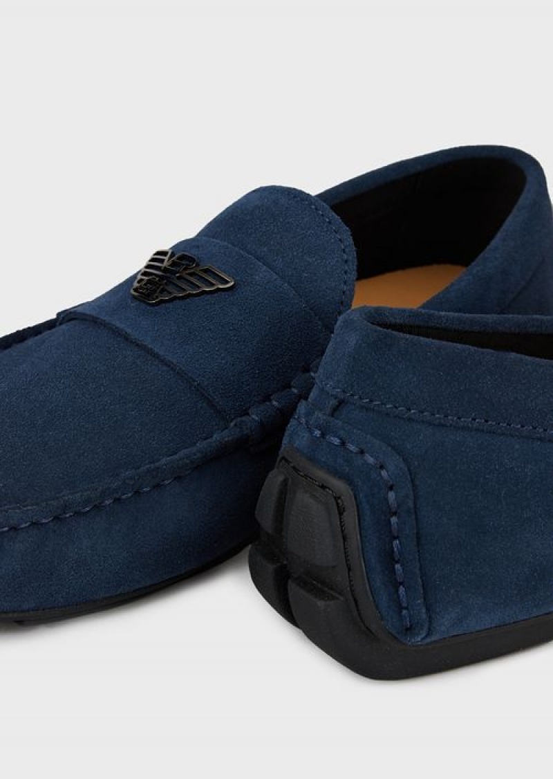 Midnight Blue Emporio Armani Suede Driving Loafers With Logo | EA-SN58871