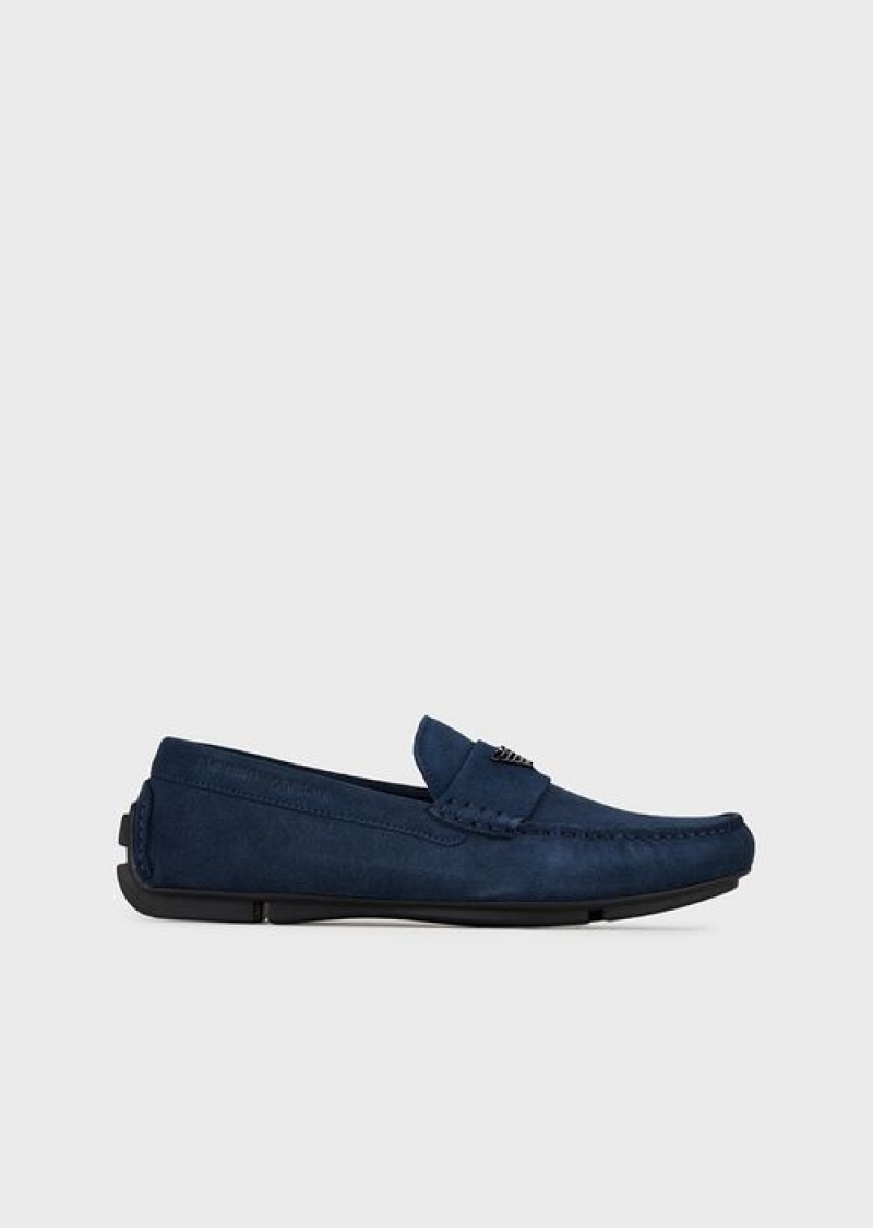 Midnight Blue Emporio Armani Suede Driving Loafers With Logo | EA-SN58871