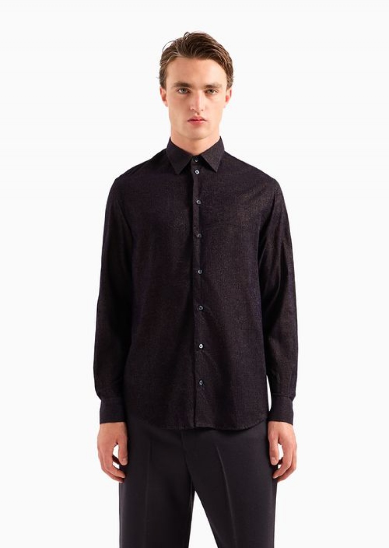 Midnight Blue Emporio Armani Viscose Shirt With An All-over Flocked Print | EA-SN57903