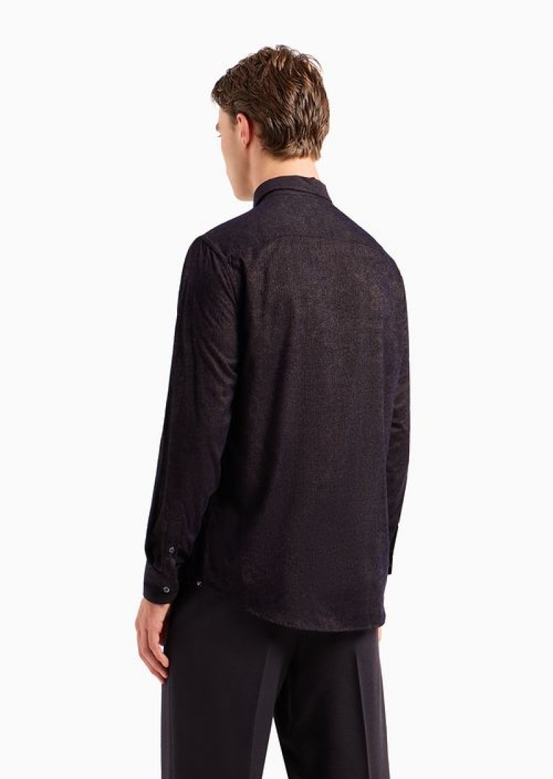 Midnight Blue Emporio Armani Viscose Shirt With An All-over Flocked Print | EA-SN57903