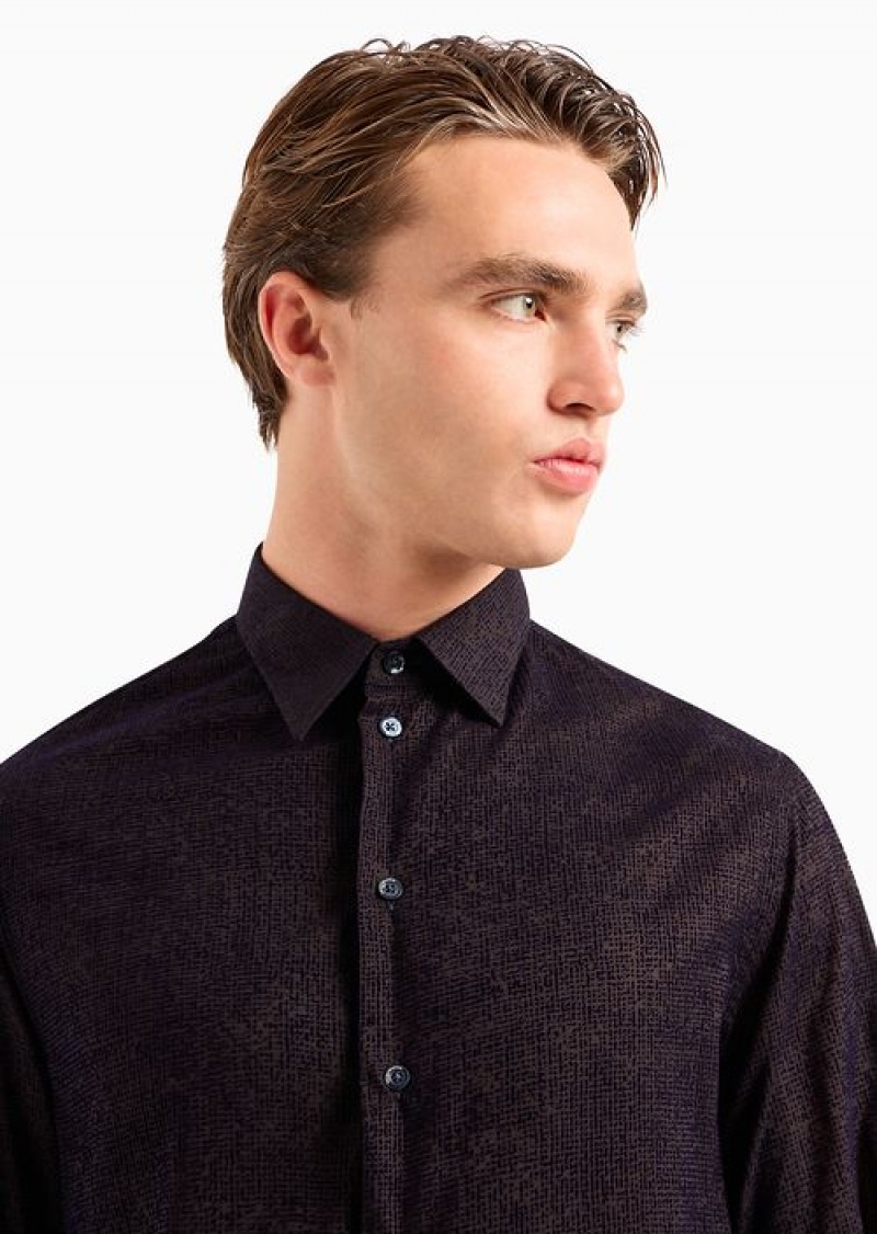 Midnight Blue Emporio Armani Viscose Shirt With An All-over Flocked Print | EA-SN57903