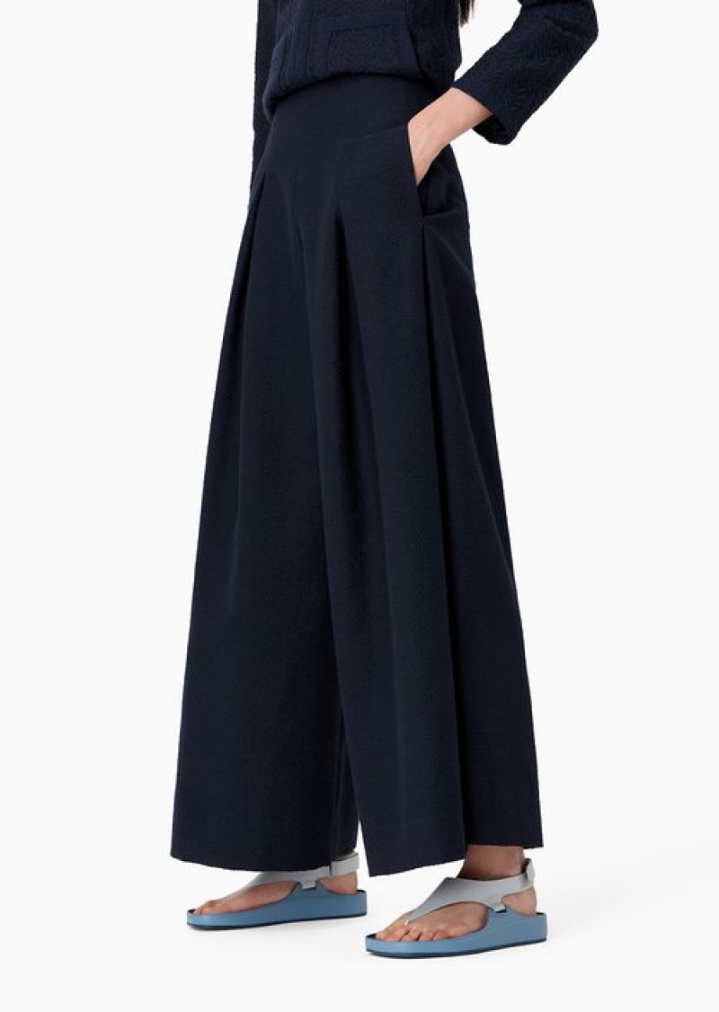 Midnight Blue Emporio Armani Wide Pleated Trousers With Embossed Jacquard Motif | EA-SN56893