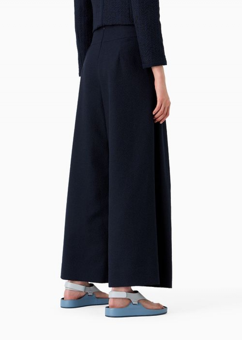 Midnight Blue Emporio Armani Wide Pleated Trousers With Embossed Jacquard Motif | EA-SN56893