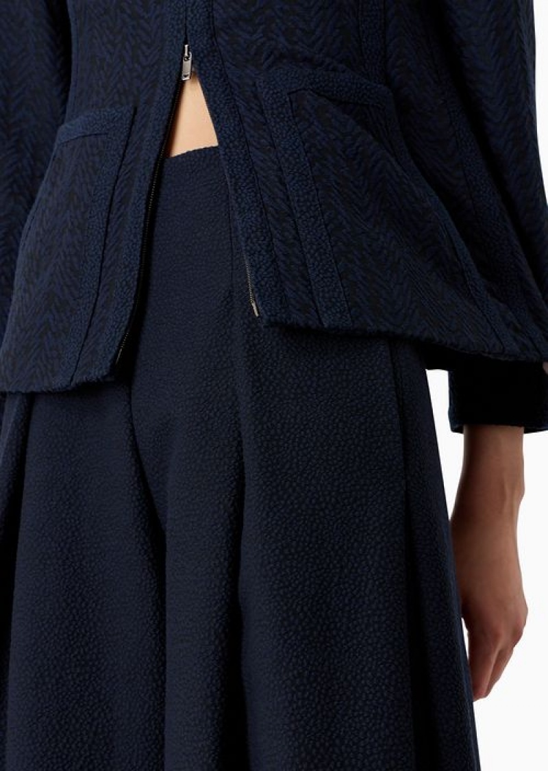 Midnight Blue Emporio Armani Wide Pleated Trousers With Embossed Jacquard Motif | EA-SN56893