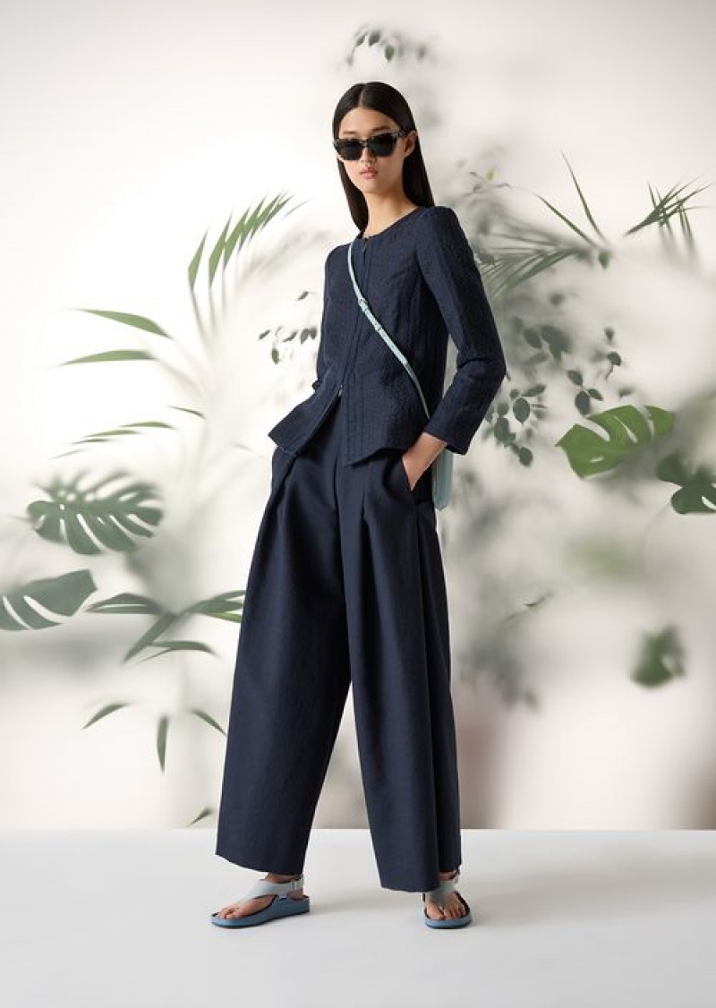 Midnight Blue Emporio Armani Wide Pleated Trousers With Embossed Jacquard Motif | EA-SN56893