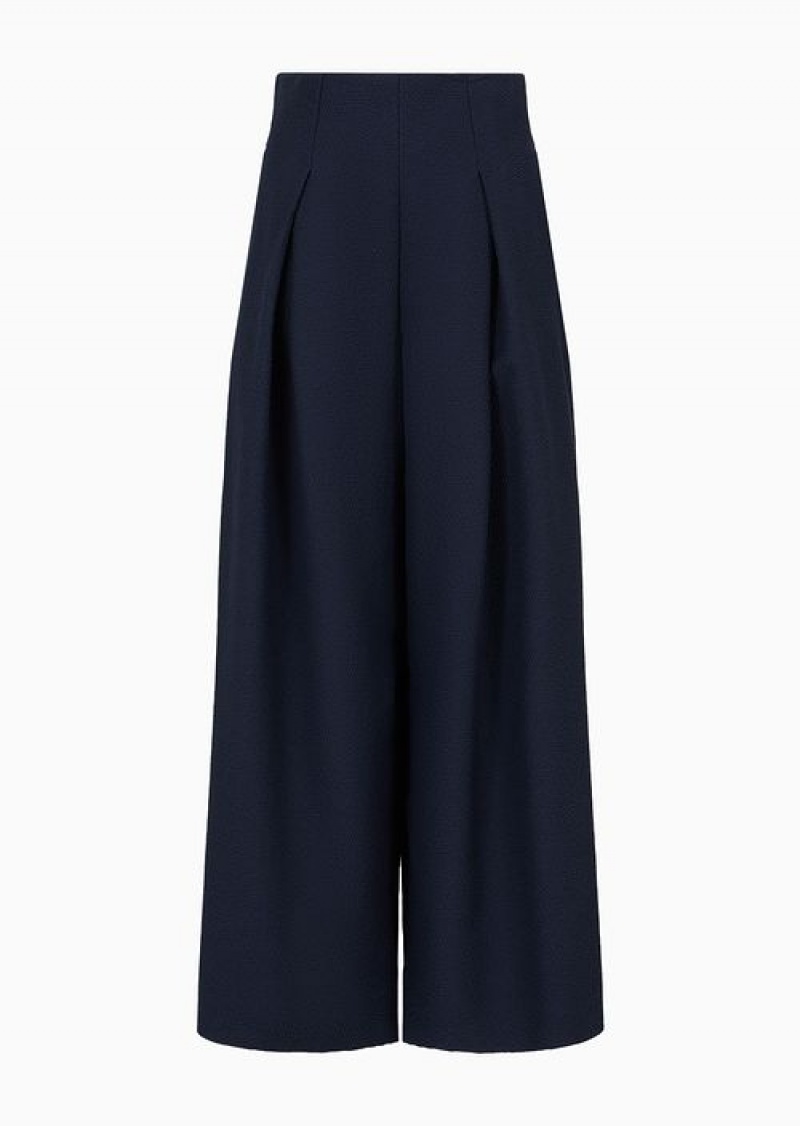 Midnight Blue Emporio Armani Wide Pleated Trousers With Embossed Jacquard Motif | EA-SN56893