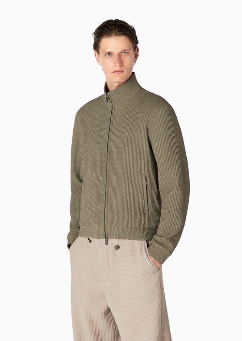 Military Green Emporio Armani 3d-effect Stretch Virgin Wool Full-zip Blouson | EA-SN58195