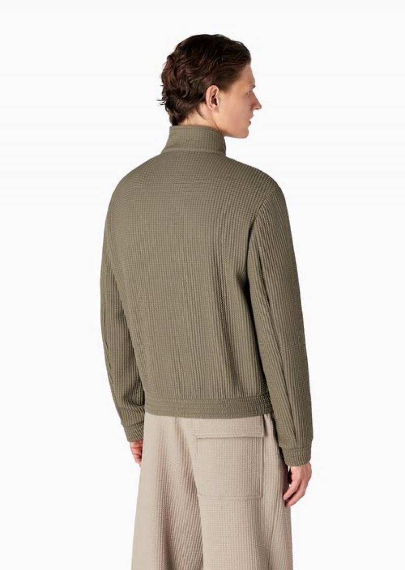 Military Green Emporio Armani 3d-effect Stretch Virgin Wool Full-zip Blouson | EA-SN58195