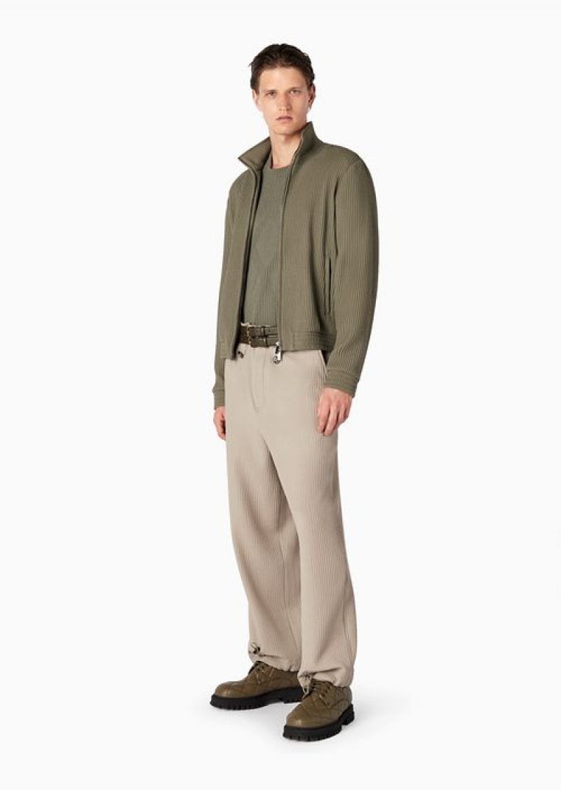 Military Green Emporio Armani 3d-effect Stretch Virgin Wool Full-zip Blouson | EA-SN58195