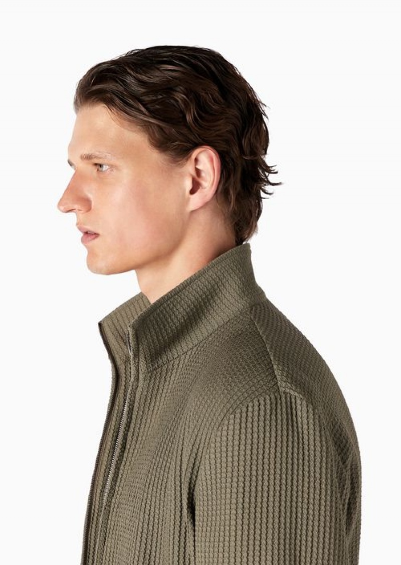 Military Green Emporio Armani 3d-effect Stretch Virgin Wool Full-zip Blouson | EA-SN58195