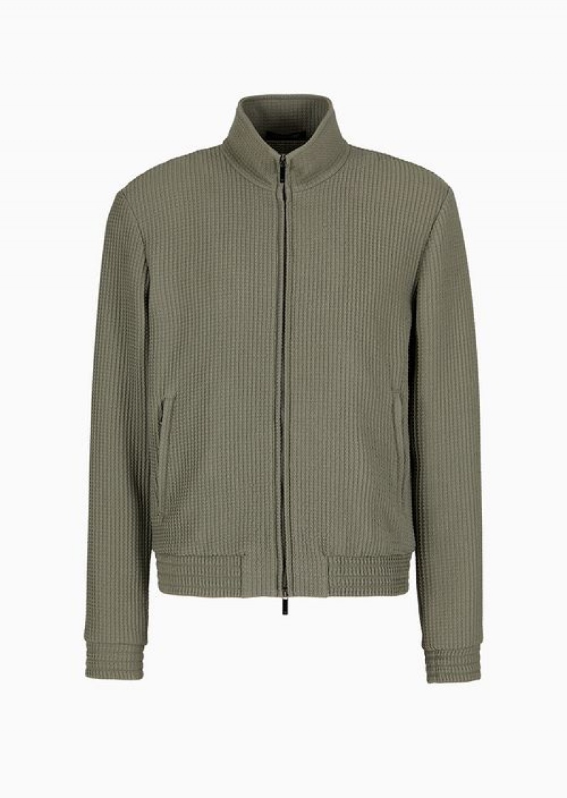 Military Green Emporio Armani 3d-effect Stretch Virgin Wool Full-zip Blouson | EA-SN58195