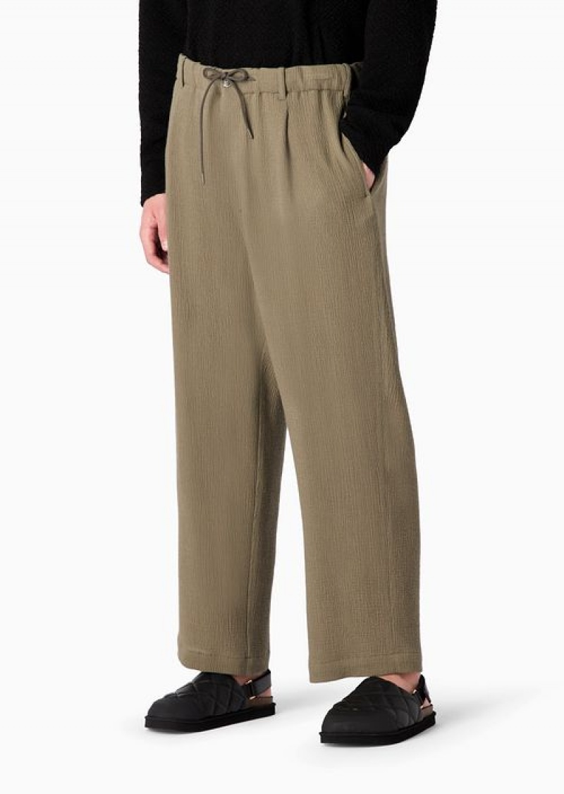 Military Green Emporio Armani Bark-effect Textured Wool-blend Drawstring Trousers With Darts | EA-SN58329