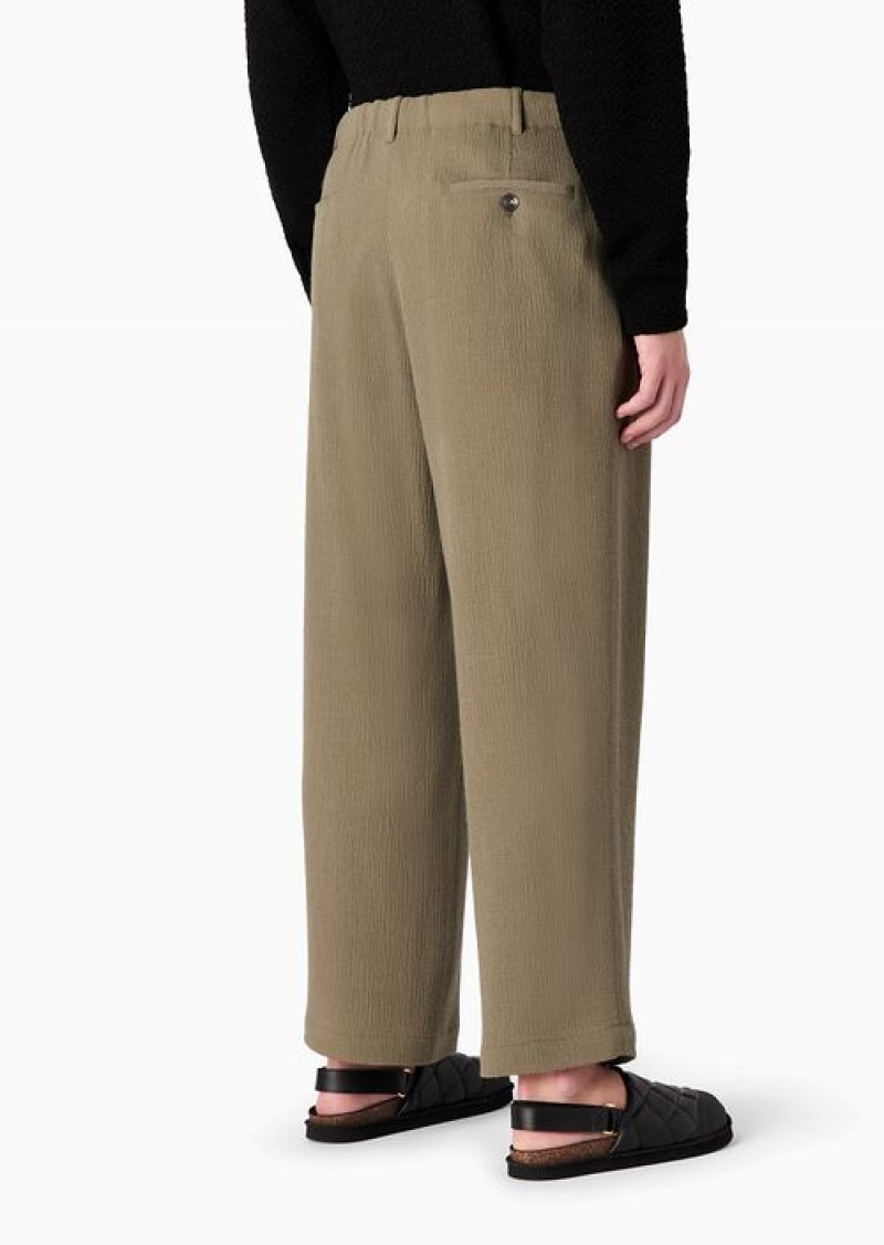 Military Green Emporio Armani Bark-effect Textured Wool-blend Drawstring Trousers With Darts | EA-SN58329