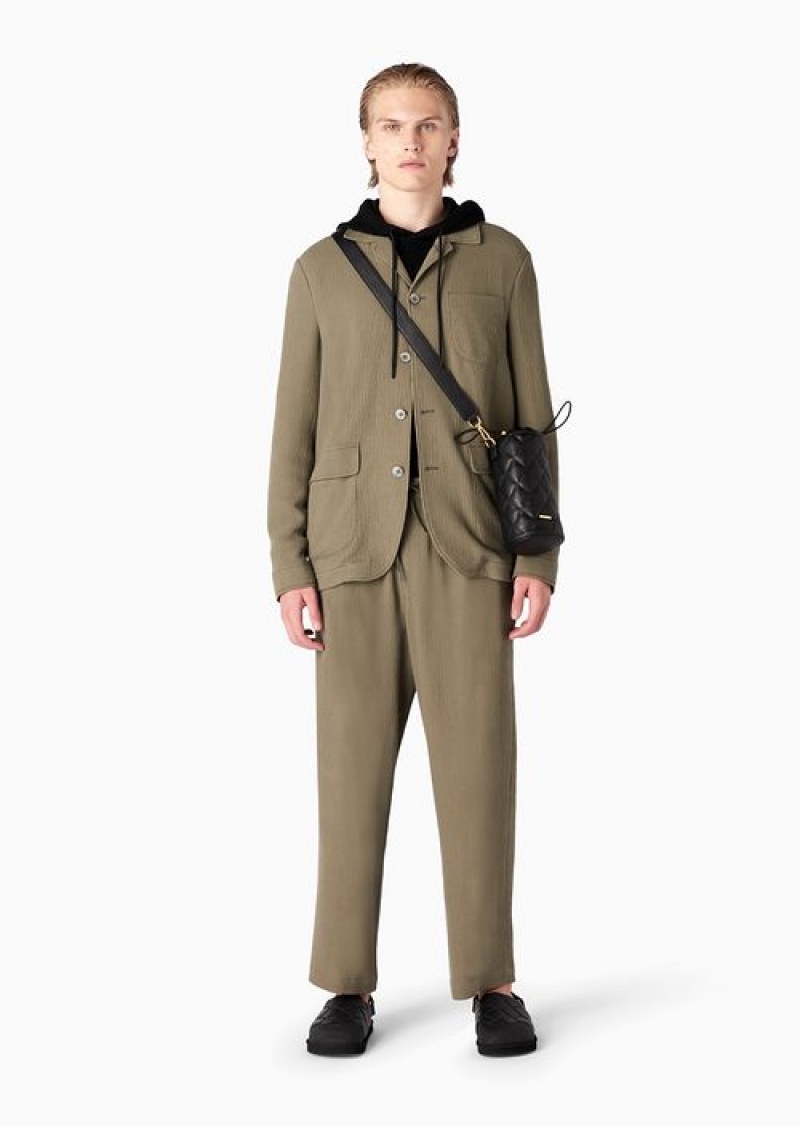 Military Green Emporio Armani Bark-effect Textured Wool-blend Drawstring Trousers With Darts | EA-SN58329