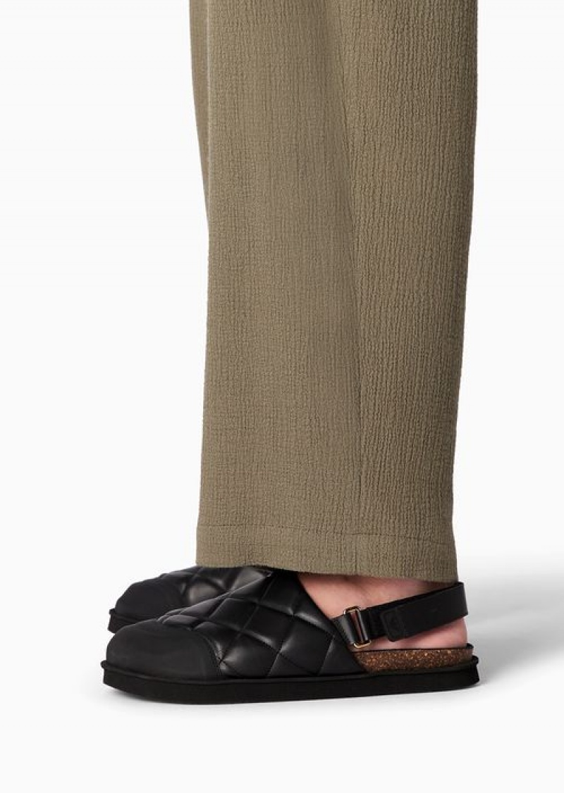 Military Green Emporio Armani Bark-effect Textured Wool-blend Drawstring Trousers With Darts | EA-SN58329