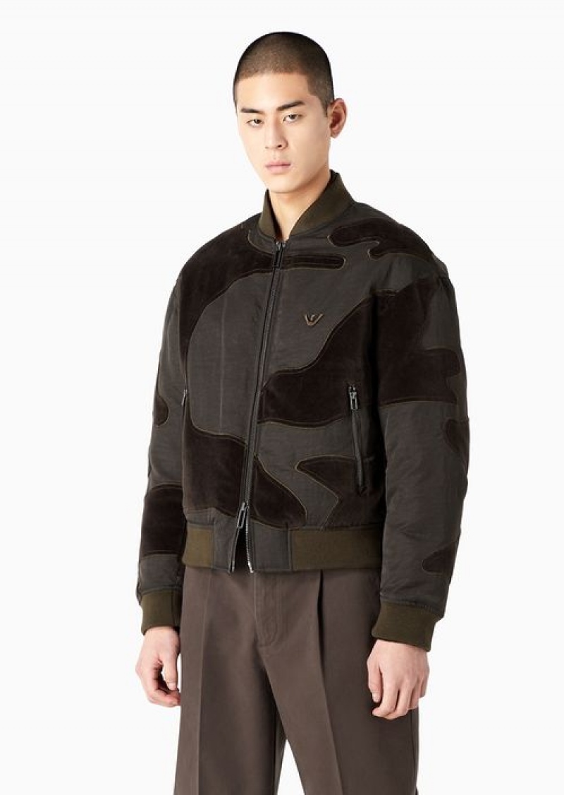 Military Green Emporio Armani Crinkle-nylon Water-repellent Blouson In Camouflage Velvet | EA-SN58220