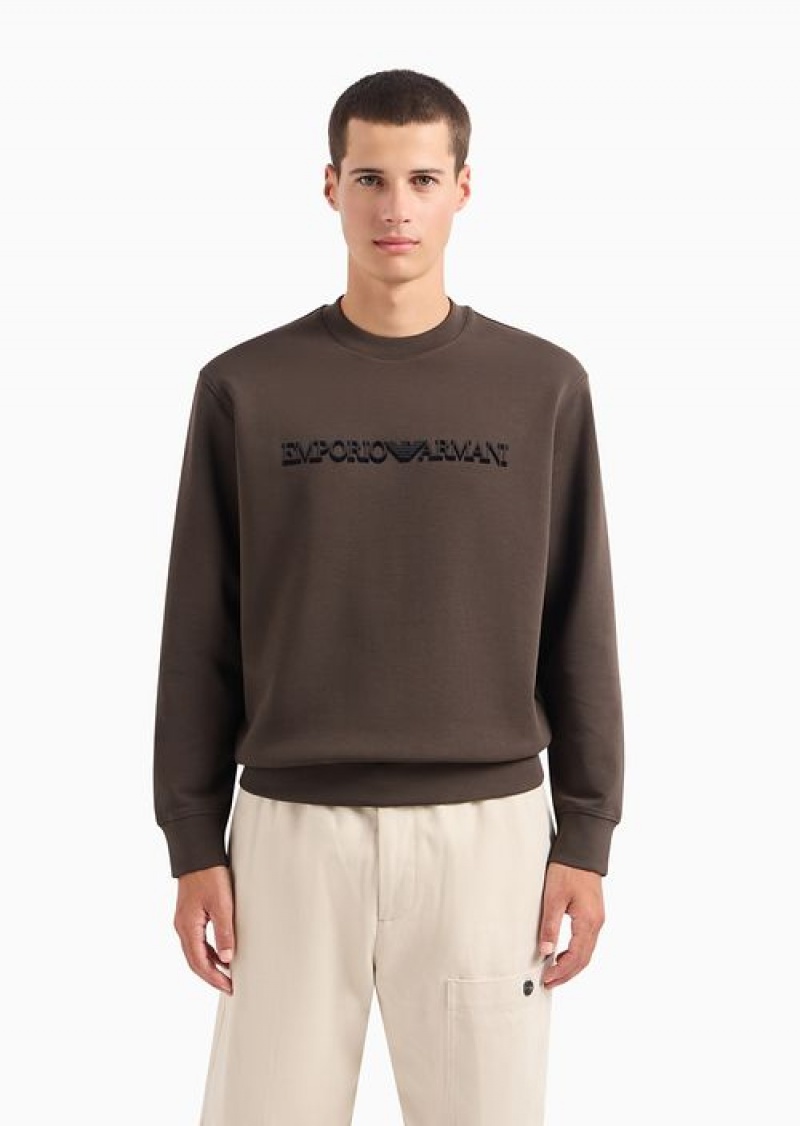 Military Green Emporio Armani Double-jersey Sweatshirt With Flocked Logo Print | EA-SN58482