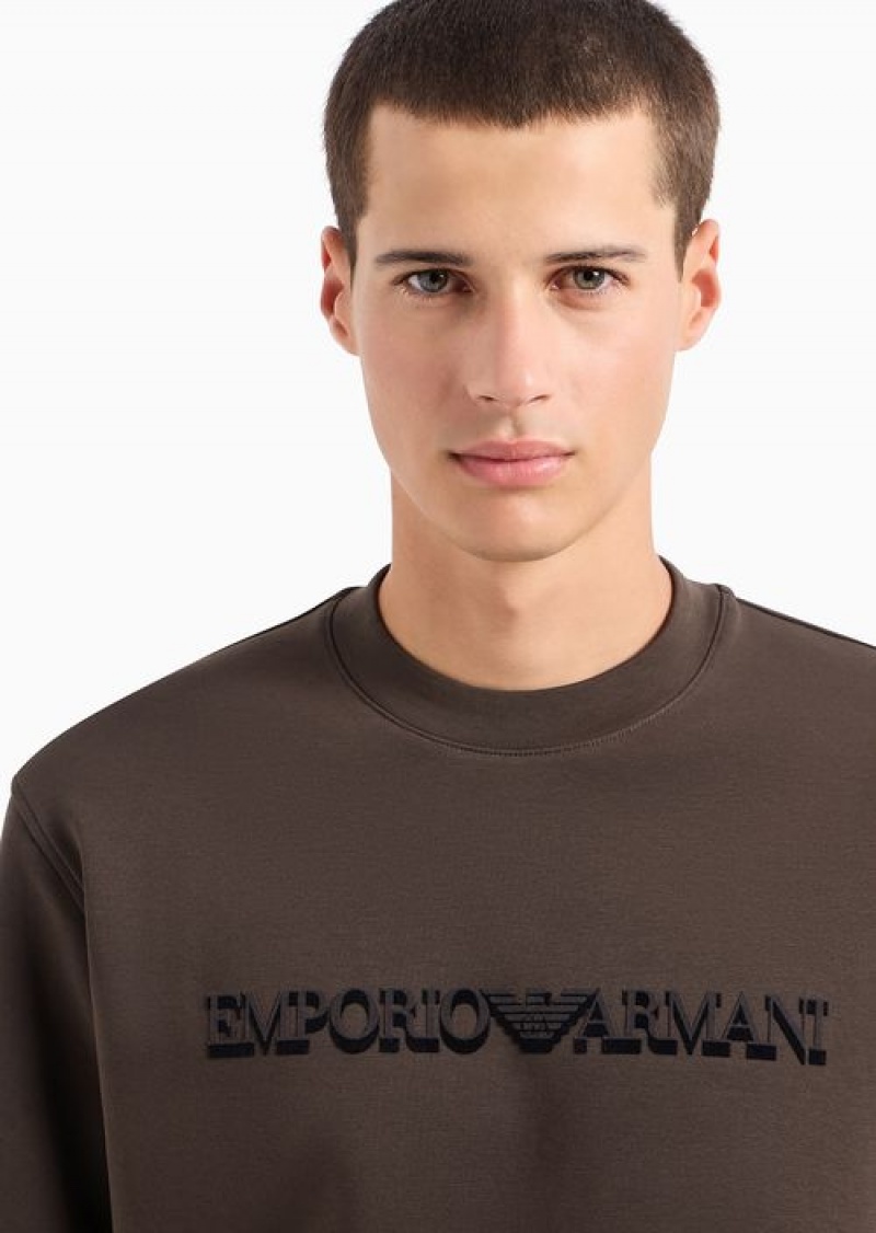 Military Green Emporio Armani Double-jersey Sweatshirt With Flocked Logo Print | EA-SN58482