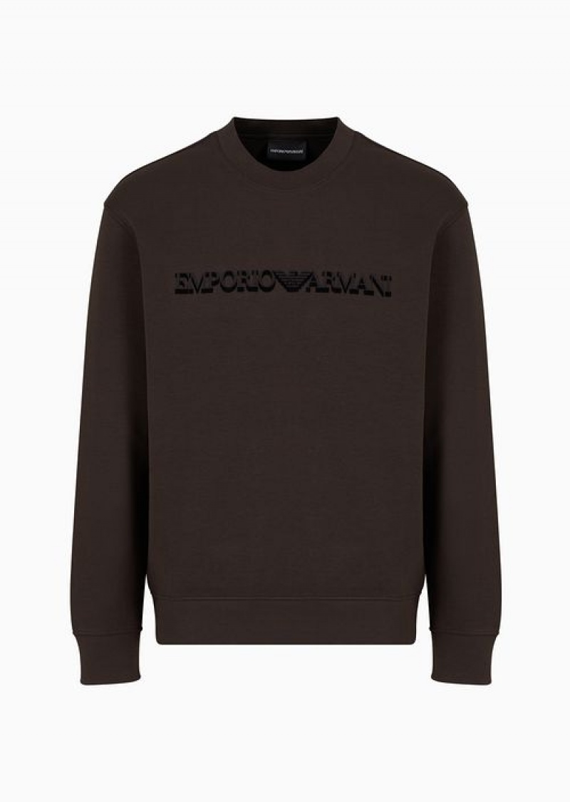 Military Green Emporio Armani Double-jersey Sweatshirt With Flocked Logo Print | EA-SN58482