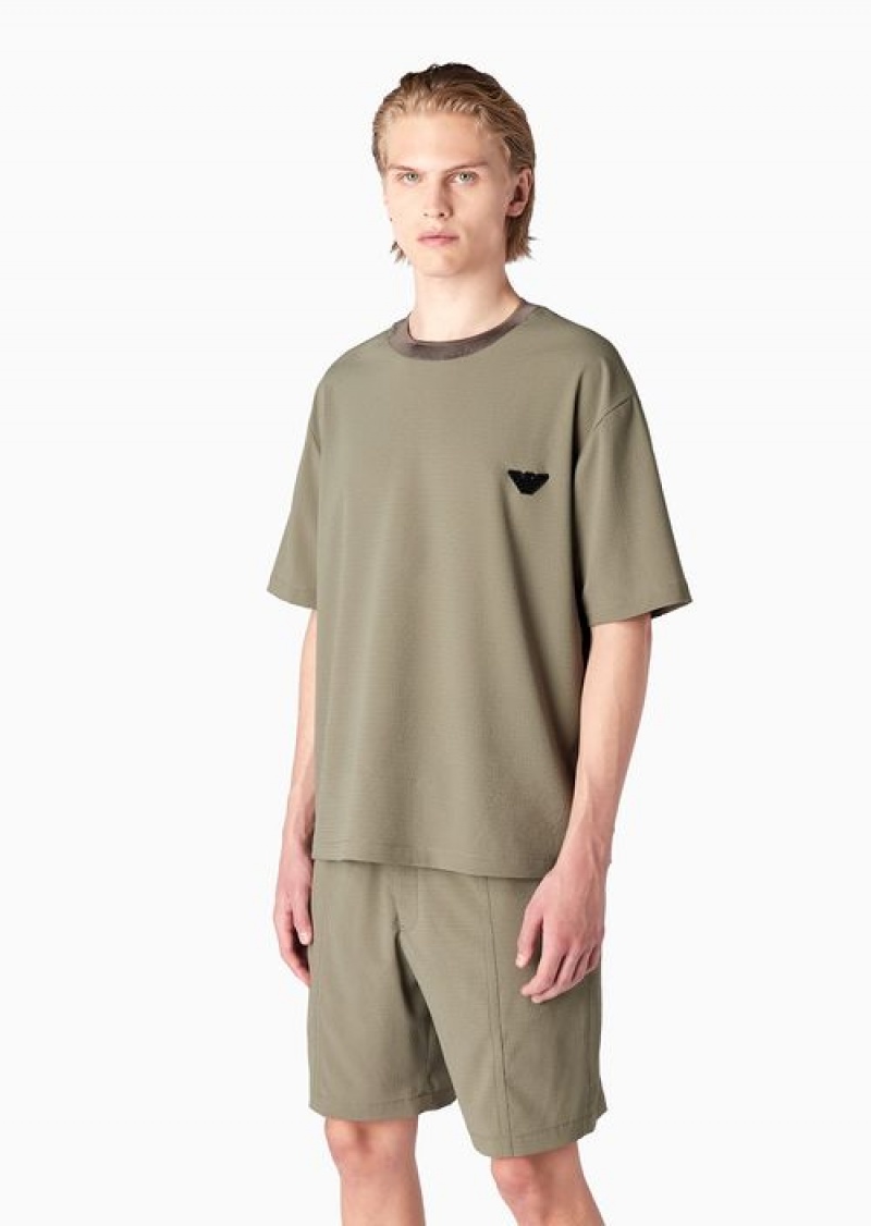 Military Green Emporio Armani Seersucker T-shirt With Eagle Patch | EA-SN58632