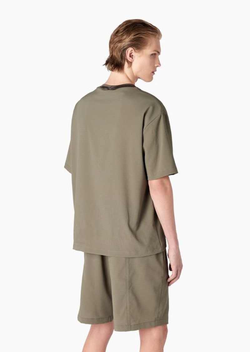 Military Green Emporio Armani Seersucker T-shirt With Eagle Patch | EA-SN58632