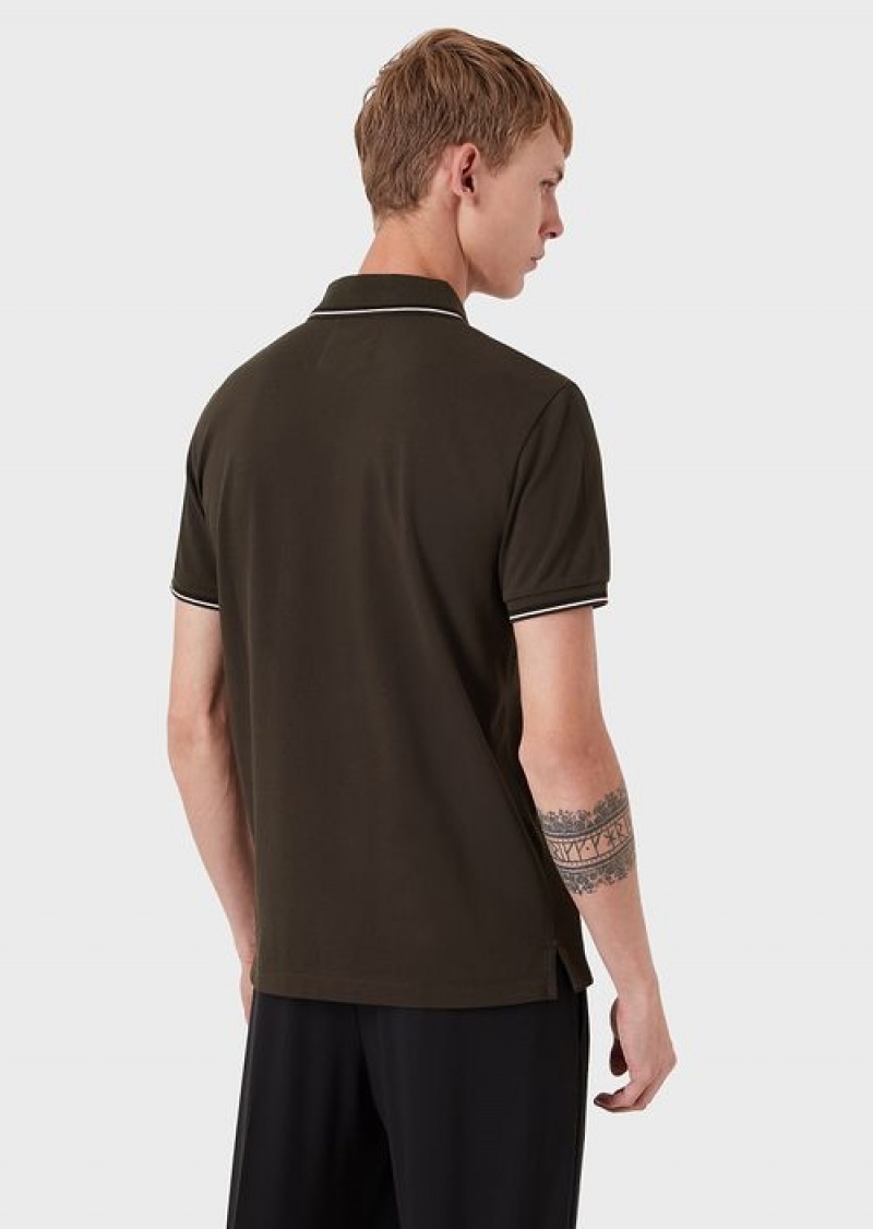 Military Green Emporio Armani Slim-fit Stretch Piqué Polo Shirt With Micro Eagle | EA-SN58448