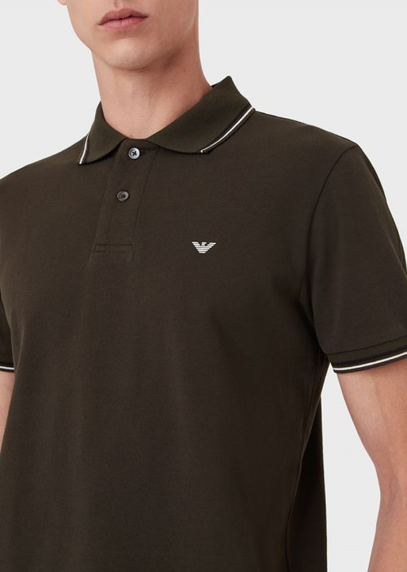 Military Green Emporio Armani Slim-fit Stretch Piqué Polo Shirt With Micro Eagle | EA-SN58448