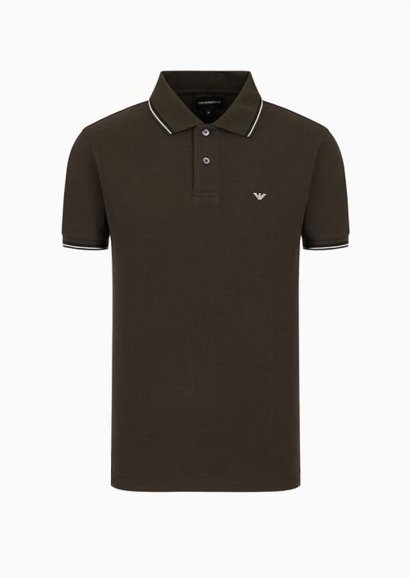 Military Green Emporio Armani Slim-fit Stretch Piqué Polo Shirt With Micro Eagle | EA-SN58448