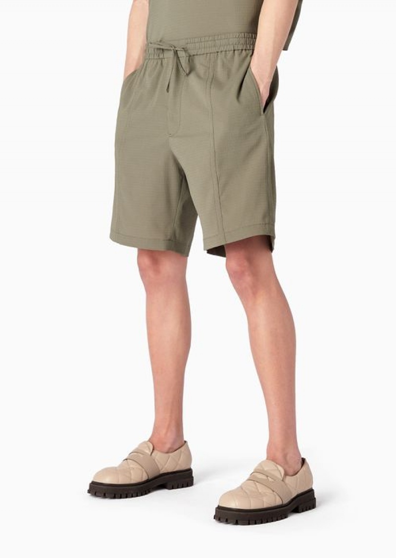 Military Green Emporio Armani Stretch Seersucker, Drawstring Board Shorts | EA-SN58300