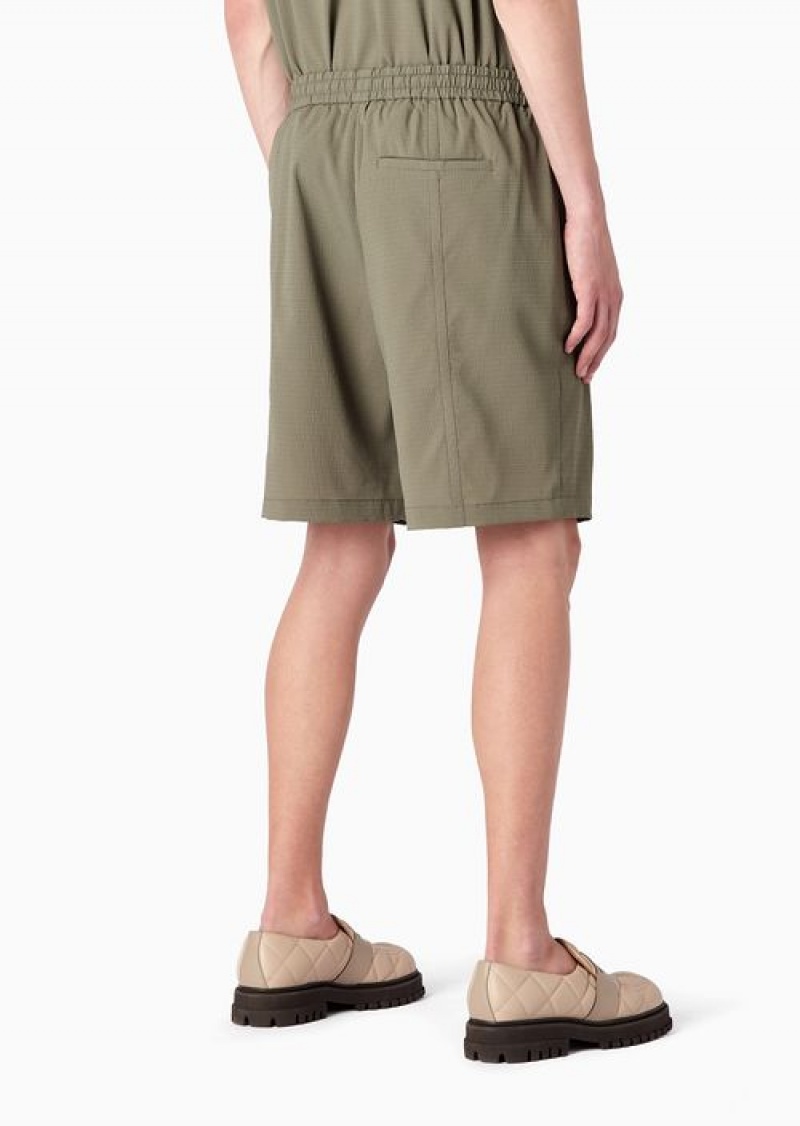 Military Green Emporio Armani Stretch Seersucker, Drawstring Board Shorts | EA-SN58300