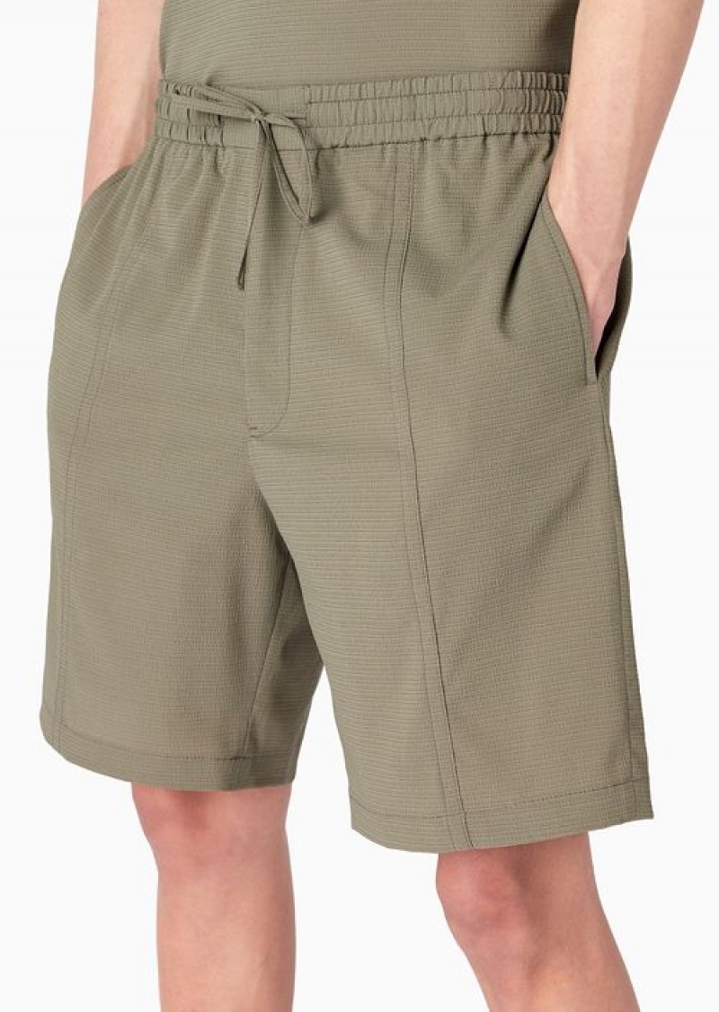 Military Green Emporio Armani Stretch Seersucker, Drawstring Board Shorts | EA-SN58300