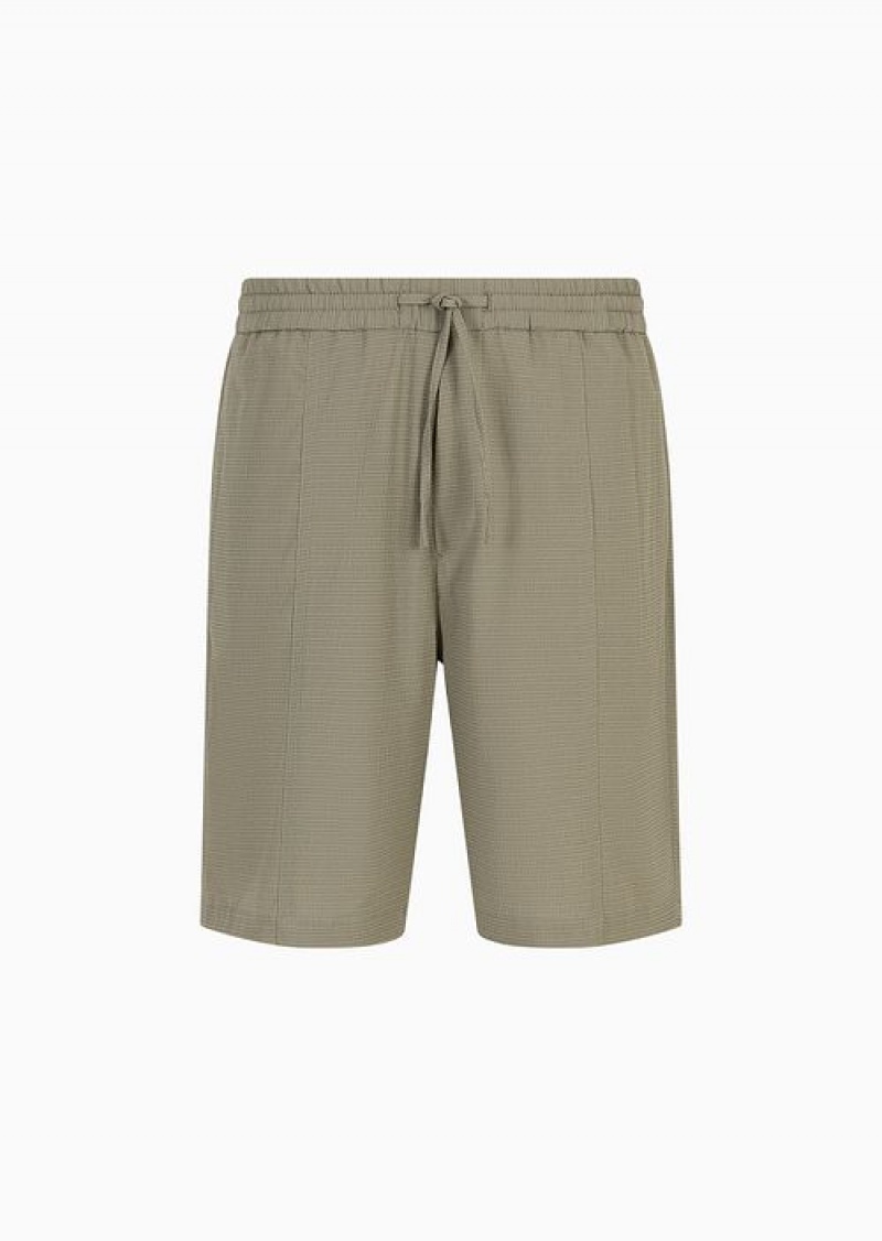 Military Green Emporio Armani Stretch Seersucker, Drawstring Board Shorts | EA-SN58300