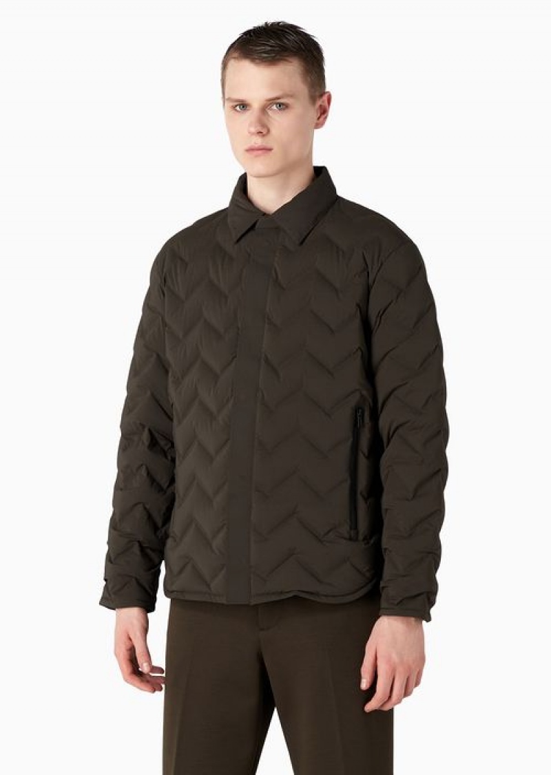 Military Green Emporio Armani Travel Essentials Chevron Quilted Nylon Packable Down Jacket With Classic Collar | EA-SN58227