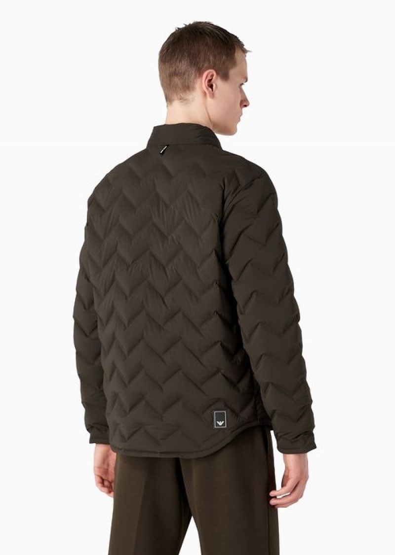 Military Green Emporio Armani Travel Essentials Chevron Quilted Nylon Packable Down Jacket With Classic Collar | EA-SN58227