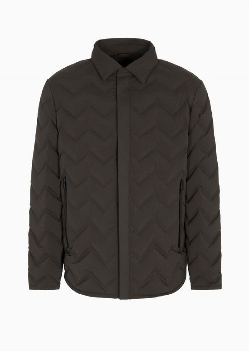 Military Green Emporio Armani Travel Essentials Chevron Quilted Nylon Packable Down Jacket With Classic Collar | EA-SN58227