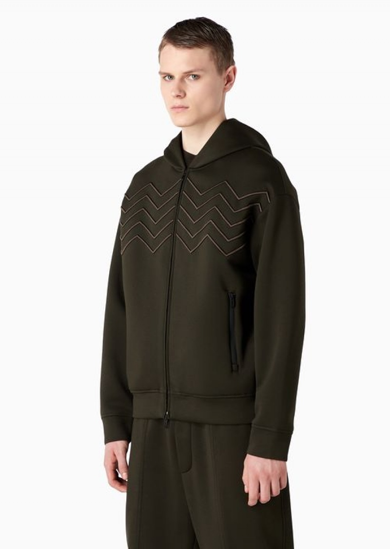 Military Green Emporio Armani Travel Essentials Chevron-embroidered Modal Hooded, Zip-up Sweatshirt | EA-SN58492